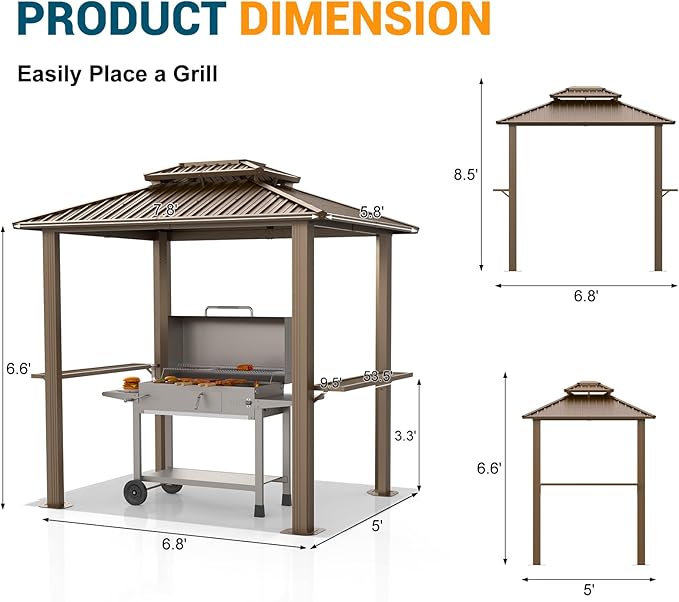 Hoteel 6x8 Hardtop Grill Gazebo, Outdoor Patio BBQ Gazebo with Galvanized Steel Double Roof, Hardtop Barbecue Canopy with 2 Side Shelves for Deck Lawn Backyard Garden,Brown