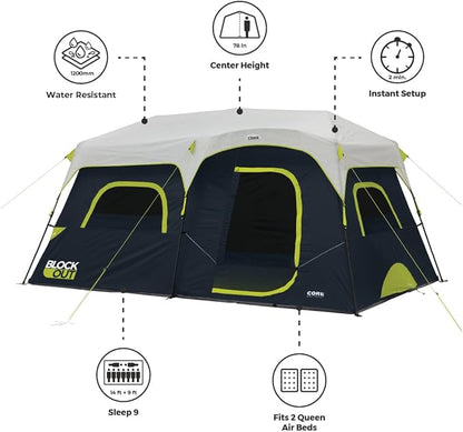 CORE Blackout Instant Cabin Tent | Large Family Pop Up Dark Room Tent with Easy Camp Setup | Included Storage Pockets for Outdoor Camping Accessories