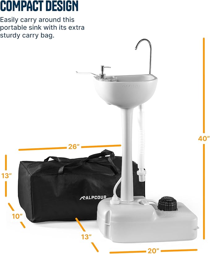 Alpcour Portable Camping Sink – Indoor/Outdoor Travel Hygiene Station with Basin, Running Faucet, Soap Dispenser, Towel Rack, Drain Hose, Hands-Free Foot Pump, Stakes & Carry Bag – 17L Water Capacity