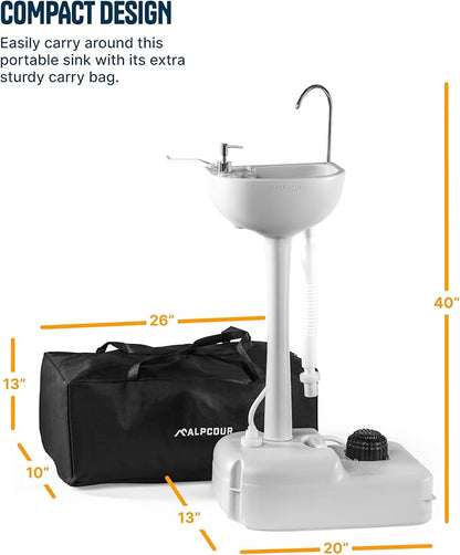 Alpcour Portable Camping Sink – Indoor/Outdoor Travel Hygiene Station with Basin, Running Faucet, Soap Dispenser, Towel Rack, Drain Hose, Hands-Free Foot Pump, Stakes & Carry Bag – 17L Water Capacity