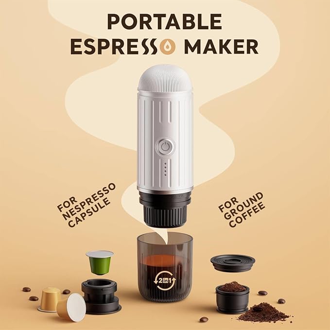 Portable Espresso Machine with Self-heating, 12V 7500mAh Rechargeable Electric Coffee Machine 19 Bar Compatible with NS Capsules and Ground Coffee for Car Camping Travelling, White