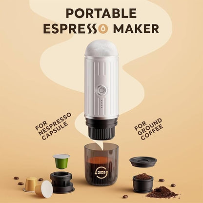 Portable Espresso Machine with Self-heating, 12V 7500mAh Rechargeable Electric Coffee Machine 19 Bar Compatible with NS Capsules and Ground Coffee for Car Camping Travelling, White