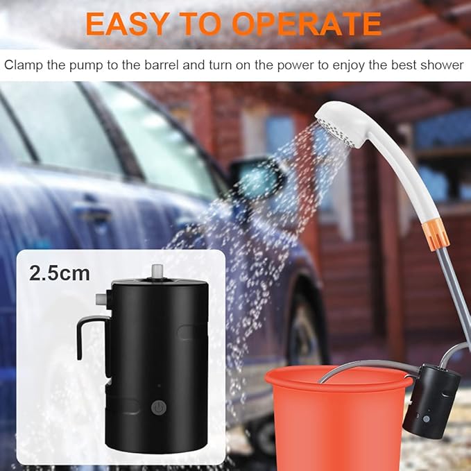 Portable Camping Shower, Built-in 4400mAh, USB Rechargeable IPX7 Waterproof Battery Shower Pump+Collapsible Bucket for Family Camp Hiking Backpacking Travel Beach Pet Flowering, Outdoor
