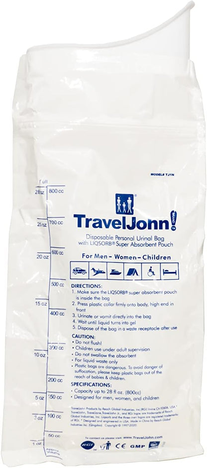 Resealable Disposable Urinal for All Genders, Adults, and Children (18 Pack) Designed for Emergencies, Travel, Camping, Long Car Rides and More - 28oz/800ml Capacity (TJ1N-C)