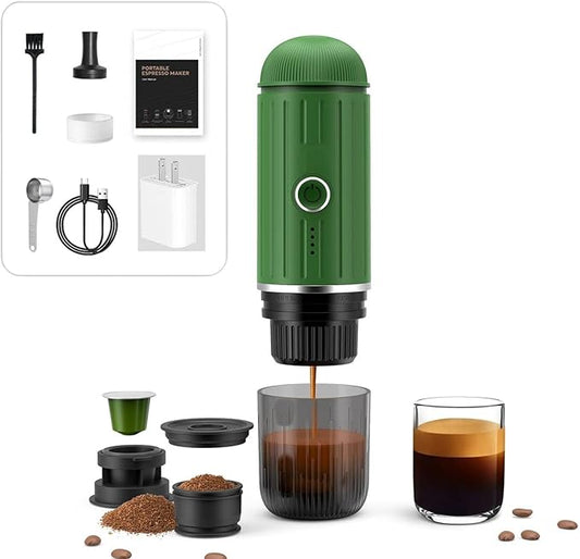Portable Espresso Machine with 3-4 Min Self-heating, 12V Rechargeable Electric Coffee Machine Compatible with NS Capsules and Ground Coffee for Car Camping Travelling, Green
