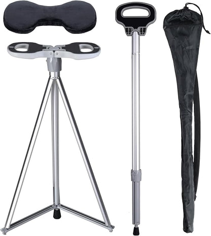 Walking Stick With Seat - Adjustable Portable Cane, Foldable Stool With 2 Bases, Pocket Storage Bag and Removable Cushion - Aluminum Lightweight Mobility Aid Crutch