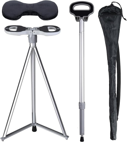 Walking Stick With Seat - Adjustable Portable Cane, Foldable Stool With 2 Bases, Pocket Storage Bag and Removable Cushion - Aluminum Lightweight Mobility Aid Crutch
