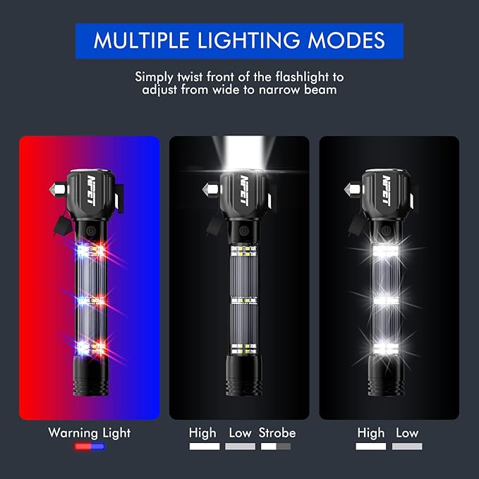 NPET T10-5 Solar Flashlight Car Flashlight Zoomable 1000 Lumens LED COB Light USB Rechargeable Tactical Multi-Function Torch Emergency Tool with Window Breaker Seat Belt Cutter Compass Siren