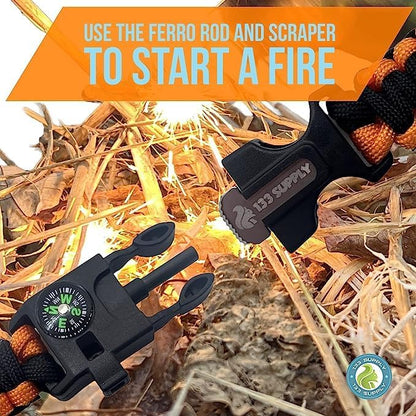 Adjustable Paracord Bracelet Compass Hiking Survival Whistle Loud, Emergency Fire Starter Kit, Camping Accessories Fishing Hunting EDC Backpacking Gear, Tactical Survival Gear and Equipment