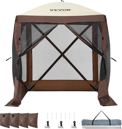 VEVOR Pop Up Gazebo Tent, Pop-Up Screen Tent 4 Sided Canopy Sun Shelter with 4 Removable Privacy Wind Cloths & Mesh Windows, 6x6FT Quick Set Screen Tent with Mosquito Netting, Brown