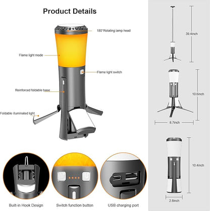 Telescopic Camping Lights Rechargeable Led Work Light with Stand Multifunction 18000 mAh Lanterns Portable Job Site Lighting Cordless Dimmable Flame Tent Lamp 7500lm Power Supply