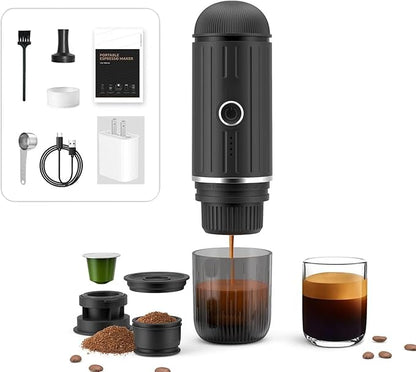 Portable Espresso Machine with 3-4 Min Self-heating, 12V Rechargeable Electric Coffee Machine 19 Bar Compatible with NS Capsules and Ground Coffee for Car Camping Travelling