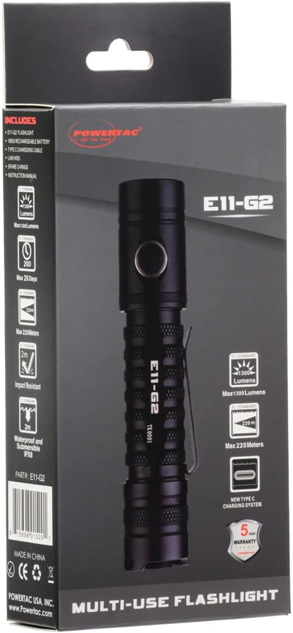 PowerTac E11-G2 Compact LED Flashlight – Extremely Bright 1300 Lumens Perfect for Everyday Carry or Professional Use, Rechargeable Type-C Charging Port, Waterproof, Hands-Free Operation