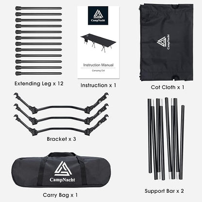 CAMPNACHT Ultralight Camping Cot with Leg Extenders, Aluminum Lightweight Folding Cot for Adults, Portable Backpacking Compact Tent Cot for Outdoor, Hiking, 1 Pack with 2 Use Modes, Black