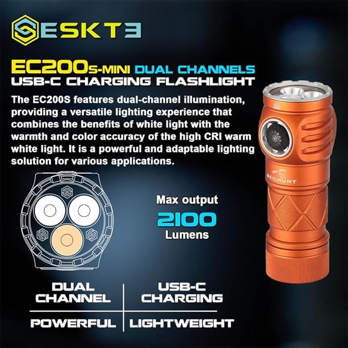 EC200S-Mini 2100+570 lumens Dual Channel Powerful EDC USB-C Rechargeable LED Flashlight - Lightweight, Compact Pocket light Camping Hiking Running Waterproof Outdoor (Cool White 6500K, Black)