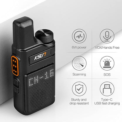 KSUN 4 Pack Walkie Talkies for Adults with Earpiece and Mic 22 FRS Channels Drop-Resistant, Dotted Matrix Display Long Range VOX 4000mAh Battery for Cruise Hiking Camping M6