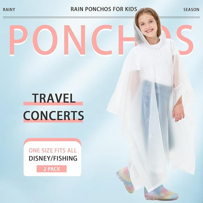 2 Pack Kids Rain Ponchos Reusable EVA Ponchos with Drawstring Hood, Waterproof Jacket for Boys and Girls