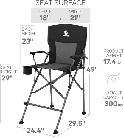EVER ADVANCED Tall Directors Chair with Cup Holder 31", Bar Height Folding Chair for Camping, Sports with Carry Bag, Mesh Pockets and Footrest, Heavy Duty 300 lbs, Black
