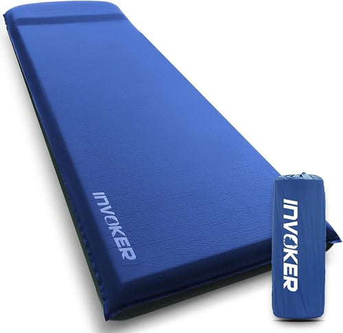INVOKER 3.15" Camping Sleeping pad, Ultra-Thick Elasticity Foam Fast Self-Inflating 4-Season Insulated Durable Camping Mat Air Mattress with Pillow, for Tent, Car, Camping, Traveling, Blue