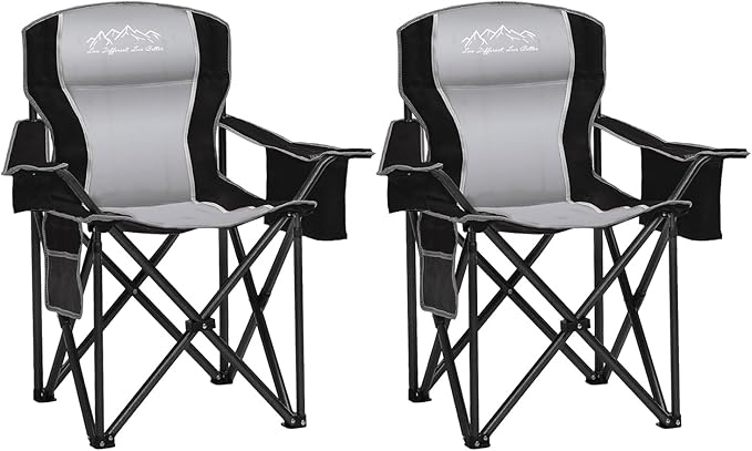 Camping Chair with Cooler Bag, Cup Holder, Storage Pocket, Heavy Duty 450lbs Capacity with Large Anti-Sink Feet, Portable Folding Padded Chair for Outdoor, Beach, Fishing, Sports, Black 2Pack