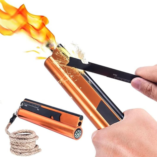 Flint and Steel Fire Starter Kit 7-in-1 XXL XL Ferro Rod Fire Steel Bushcraft Equipment, Portable Survival Magnesium Kit with 36" Waterproof Wick Rope,Multi Tool Scraper, Compass for Camping Hiking