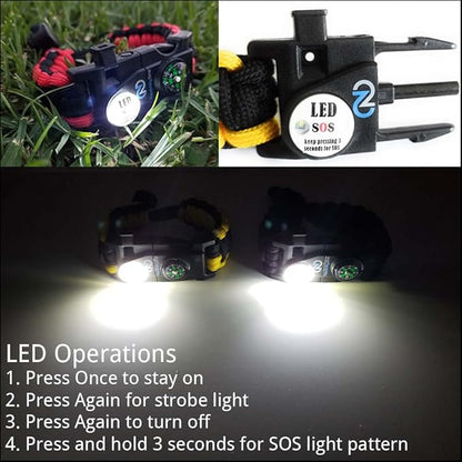 Survival Paracord Bracelet - Tactical Emergency Gear Kit with SOS LED Light, 550 Grade, Adjustable, Multitools, Fire Starter, Compass, and Whistle - Set of 2