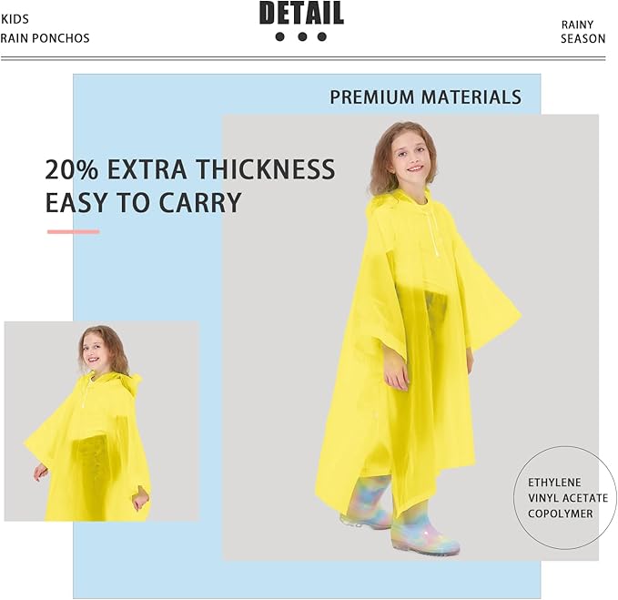 2 Pack Kids Rain Ponchos Reusable EVA Ponchos with Drawstring Hood, Waterproof Jacket for Boys and Girls