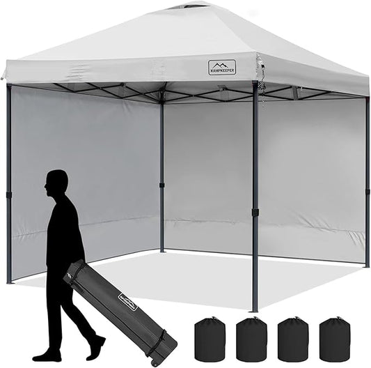 KAMPKEEPER 10x10 Pop Up Canopy Tent with 2 Sidewalls - Waterproof Outdoor Shelter for Sun Shade, Camping, Beach, Patio and Backyard Events, White