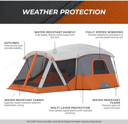 CORE Tent for Family Camping | 10 Person / 11 Person / 12 Person Large Multi Room Cabin Tents for Car Camping & Outdoor Adventures