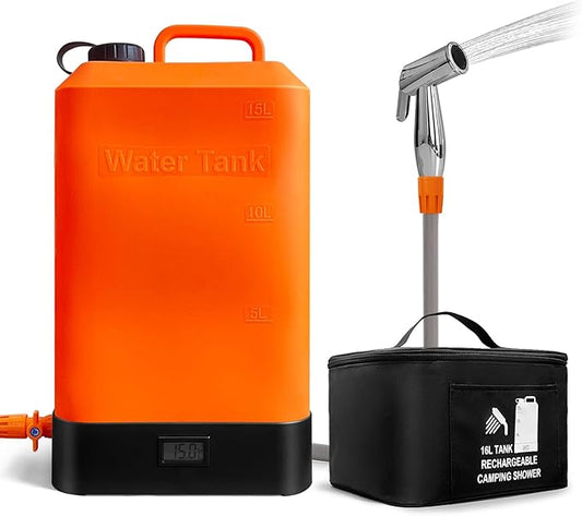 Portable Outdoor Shower, 4.5 Gallon Silicone Water Tank, Battery Powered and with Temperature Display, Solar Heating, Easy to Carry, Emergency Water in The car, Very Suitable for Camping, Beach