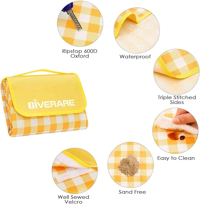 Picnic Beach Blanket Extra Large, XL Sandproof Waterproof Outdoor Camping Blankets 80x60in, Sand Free Oversized Mat, Quick Drying Portable Mats for Travel, Hiking, Music Festival, Lawn-Yellow