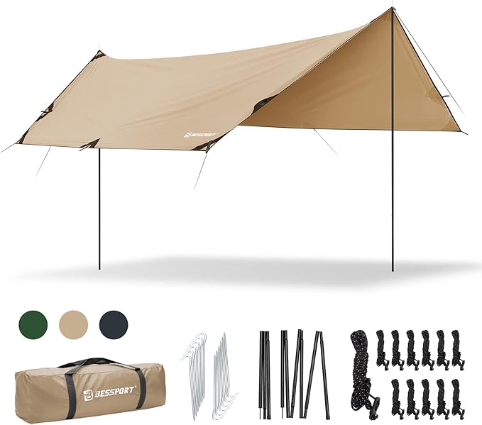 Bessport Camping Tarp, 16×9.8FT with 2 Poles, Portable Multifunctional Backpacking, PU 3000mm Waterproof Rain Fly Hammock Tarp for Outdoor,Traveling, Hilking