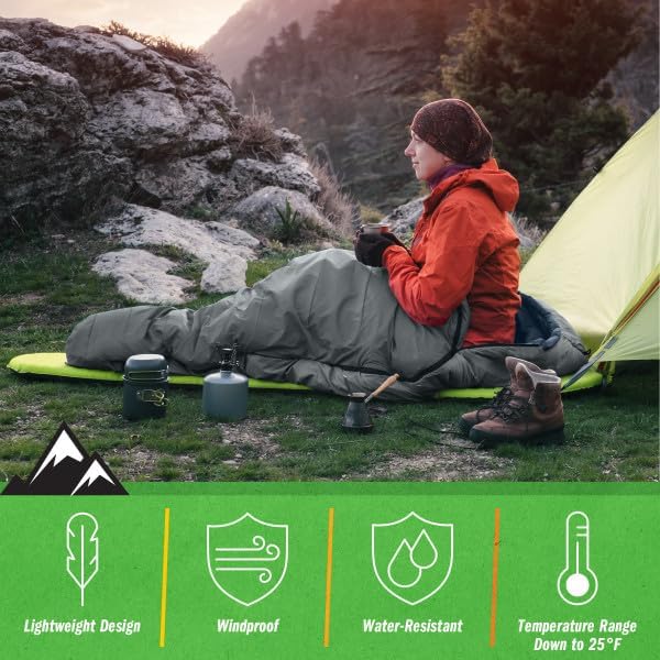 Mummy Sleeping Bag - Adult Cold Weather Sleeping Bag Rated to 25°F - Waterproof with Drawstring Hood - Camping Equipment by Wakeman Outdoors