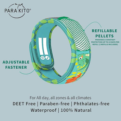 PARA'KITO Bug & Mosquito Bracelets for Kids | Mosquito Spray Alternative | Waterproof, Outdoor Insect Wristband w/Natural Essential Oils | Hiking, Trekking & Camping Accessories (Green Dinosaur)