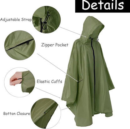 Plus Size Adult Rain Poncho with Hood and Zipper, Poncho Para Lluvia, Tactical Ponchos Adult For Camping, Hiking