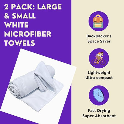 Microfiber Quick Dry Bath Camping Towel 2 Pack White Absorbent, Sand Free, Soft, Thin Lightweight Sports Travel Towels with Bag for Women Men and Kids