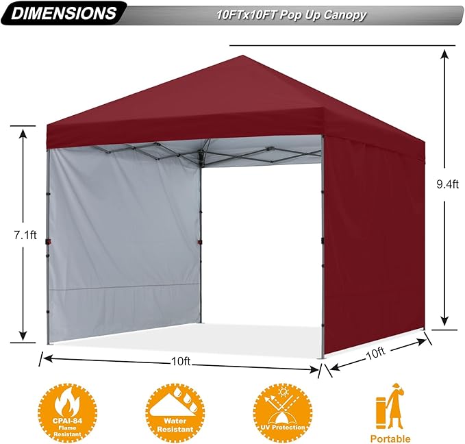 ABCCANOPY Pop up Canopy Tent with 2 Sidewalls for Outdoor Sun Blocking or Rain Protection,10x10, Burgundy
