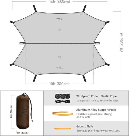 Ultralight Tarp, 14ft Hammock Rain Fly Lightweight Waterproof Camping Tent Tarp with Doors, Bushcraft Tarp Shelter for Backpacking Hiking Camping