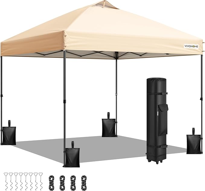 VIVOHOME 8x8ft Pop Up Canopy Tent One Push Setup Outdoor Portable Shelter Tent Heavy Duty with Wheel Carry Bag and 4 Sandbags, Beige