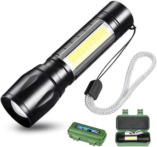 Rechargeable Flashlights High Llumens LED-Mini USB Rechargeable Flashlight for Home 3 Modes Adjustable Focus Portable Waterproof Flashlight with COB Side Lights Tactical Flashlight (1pack)