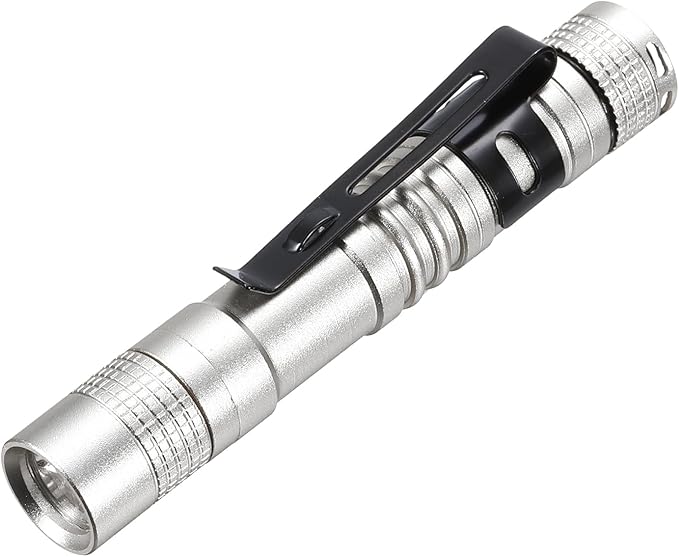 PATIKIL Mini Flashlight with Clip, Super Light Small LED Pen Flashlights Aluminum White Light Torch Battery Powered for Camping Hiking, Silver