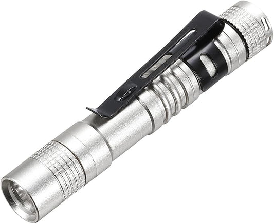 PATIKIL Mini Flashlight with Clip, Super Light Small LED Pen Flashlights Aluminum White Light Torch Battery Powered for Camping Hiking, Silver