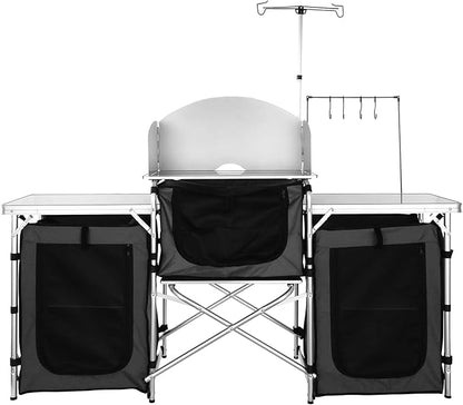 VEVOR Camping Kitchen Table, Folding Outdoor Cooking Table with Storage Carrying Bag, Aluminum Cook Station 3 Cupboard & Detachable Windscreen, Quick Set-up for Picnics, BBQ, RV Traveling, Black