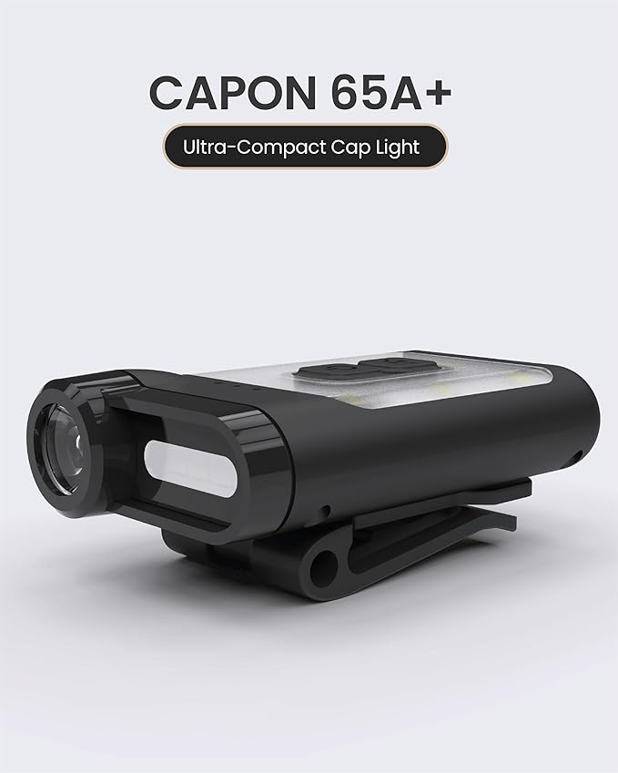 Claymore Capon 65A+ (Black) - LED Rechargeable Clip-On Cap Headlamp, Lightweight Hat Light for Camping, Running, Hiking, Emergency & Industrial Use, Waterproof, USB-C, Up to 19 Hours of Battery Life.
