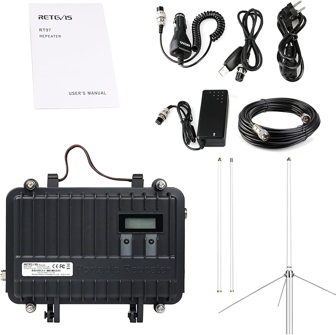 Retevis RT97 GMRS Repeater Kit, Long Range Full Duplex Mobile Repeater with MA05 Omnidirectional Antenna and Coaxial Cable, Easy to Install and Use Repeater for Family Use(1 Pack)