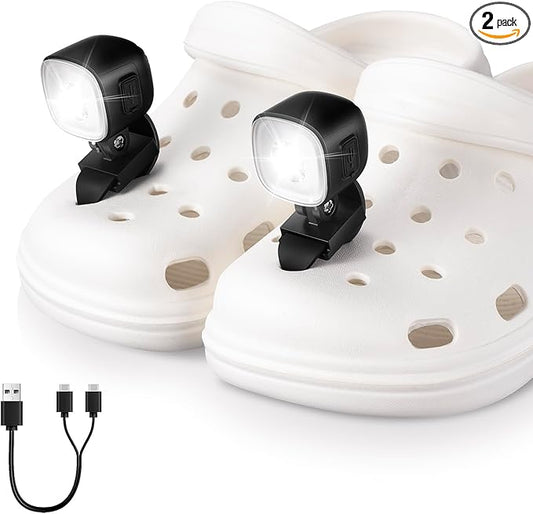 Rechargeable Croc Lights for Shoes 2pcs, LED Headlights for Croc Sandals Sneakers, Croc Accessories for Kids Boys Girls Men Women, Dog-Walking Hiking Hunting Camping Accessories (Black)