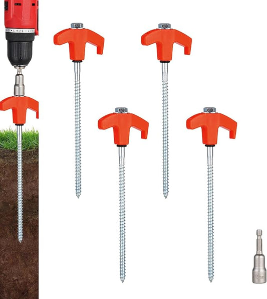 4 Pack Screw in Tent Stakes Heavy Duty,8 Inch Ground Anchors Screw in,Metal Stakes with Hex Head Driver,Camping Accessories.(Orange)