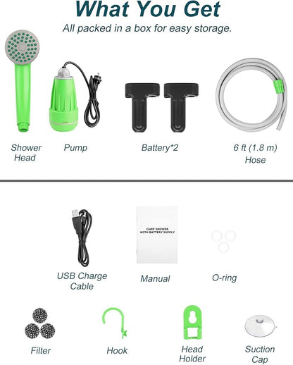 innhom Portable Shower Camping Shower Outdoor Camp Shower Pump, Electric Rechargeable Portable Camping Shower, Powered by Rechargeable Battery