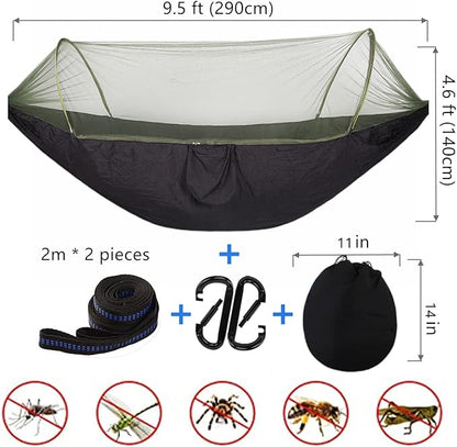 LFL Portable Camping Hammock with Mosquito Net, 1 or 2 Person Outdoor Swing Hammock, Nylon Parachute Material, Quick Opening Outside Hammock, Hiking Travel Courtyard (Black)