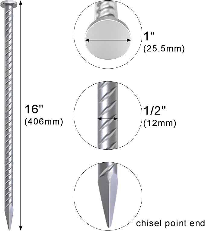 VVOKGO 16 Inch Rebar Stakes 1/2 Inch Diameter Galvanized Steel Ground Anchors Heavy Duty，Metal Asphalt Anchoring Spikes for Speed Bump, Handicap Threshold Ramps，Parking Limits Curb and Tent (24 Pack)